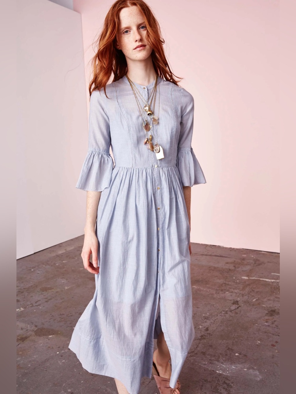 Ulla Johnson Light Blue Pinstripe Cotton Button Front Ruffle Sleeve Midi Dress